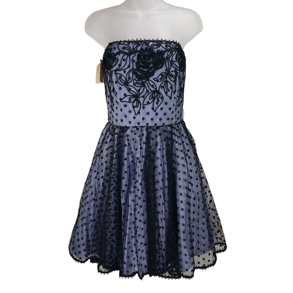 Vtg AJ‎ Bari Strapless Pinup Dress 12 =6 Black Lace Overlay Purple USA Deadstock
